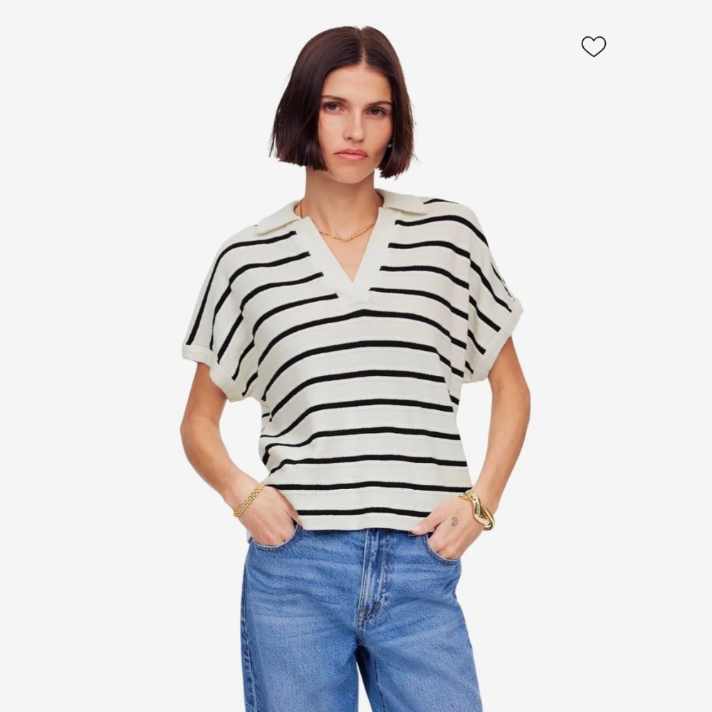 LIKE NEW Madewell Maumau Polo Shirt, Black Ivory Stripe, Short Sleeve, Loose Fit